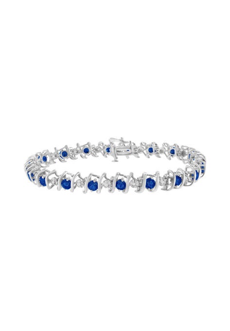 Sterling Silver Gemstone & Round Diamond Tennis Bracelet Blue Sapphire September Birthstone, WHITE, hi-res image number null