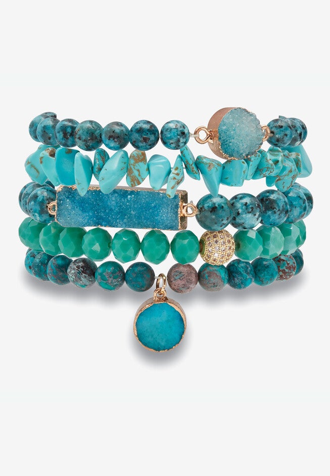 Genuine Blue Jasper Goldtone Necklace And Beaded Bracelet Set, 34 Inches, , alternate image number null