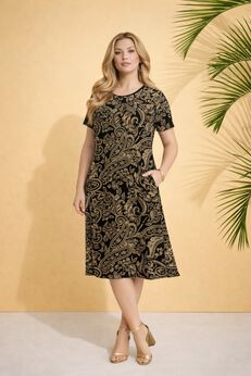 Stretch Knit Short Sleeve Swing Dress with Pockets