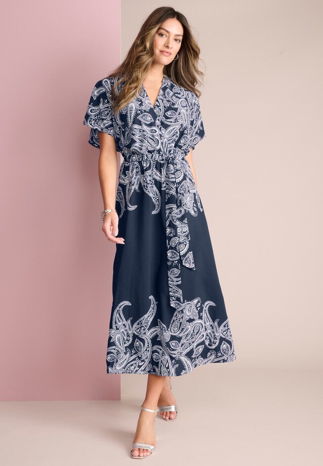 Printed Faux Wrap Dress, NAVY PAISLEY, hi-res image number null
