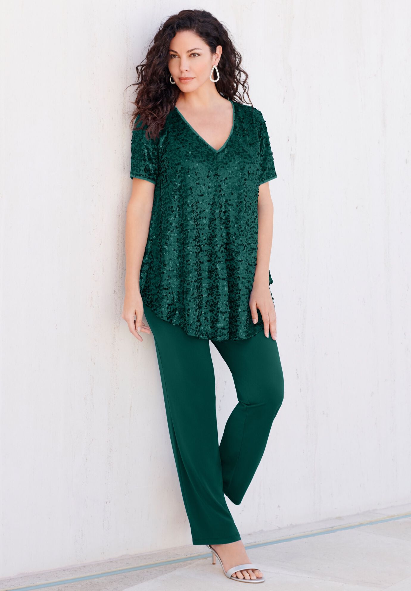 Plus-Size 2 Piece S/S Sequin Top and Pant Set, EMERALD GREEN, on-hover image number 1