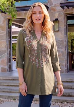 Plus Size Y-Neck Roll-Tab Sleeve Embroidered Tunic