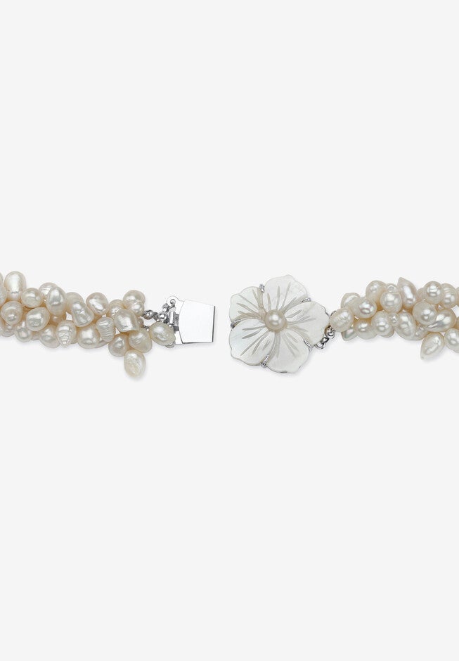 Silver Tone Oval Cultured Freshwater Pearl (7x9mm) Flower Necklace and Bracelet Set, 18 inches, , on-hover image number null