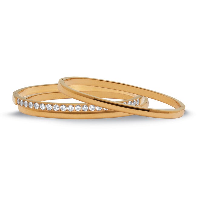 Round Crystal Yellow Gold Ion-Plated Stainless Steel Bangle Bracelet Set 7-inch, WHITE, alternate image number null