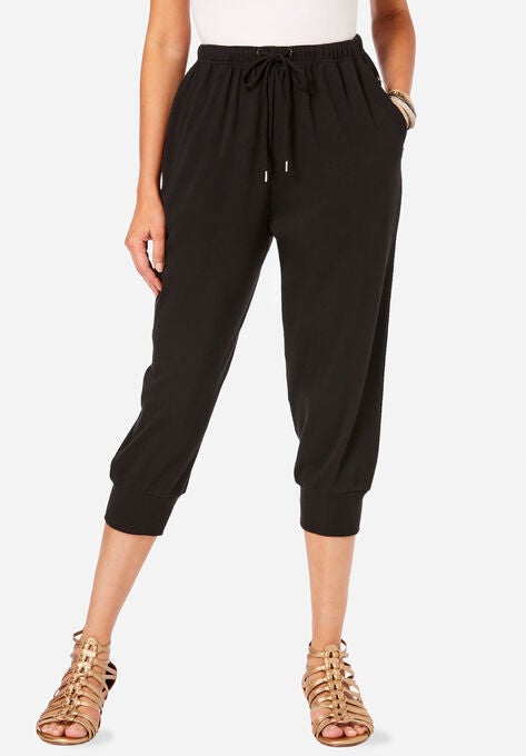 Drawstring Soft Knit Capri Pant, BLACK, hi-res image number null