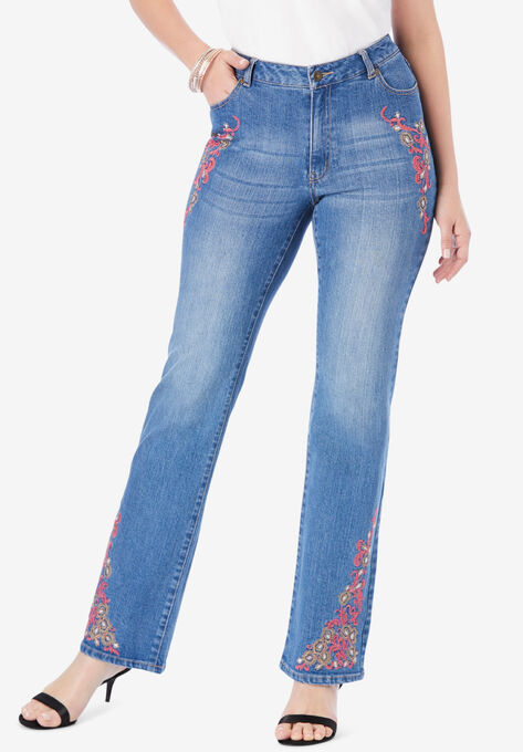 Embroidered Bootcut Jeans by Denim 24/7®, CORAL KHAKI EMBROIDERY, hi-res image number null