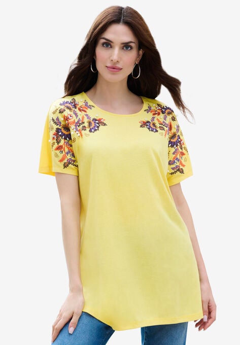 Embellished Tunic with Side Slits, LEMON MIST FLORAL EMBELLISHMENT, hi-res image number null