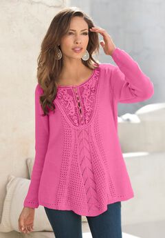 Plus Size Lace Yoke Pullover Sweater