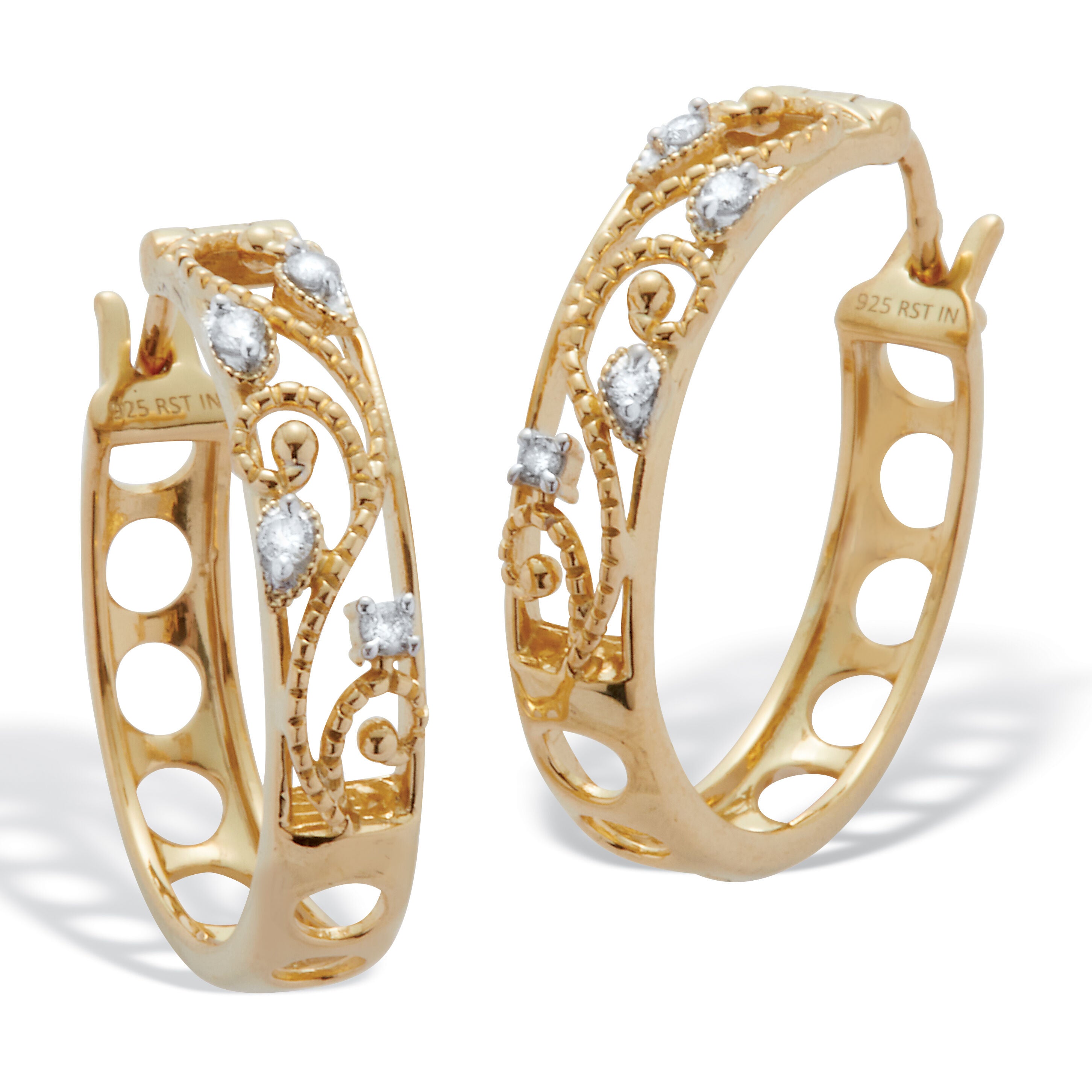 .10 TCW Diamond 18K Gold-Plated Sterling Silver Filigree Hoops (7/10 inch), WHITE, hi-res image number 0