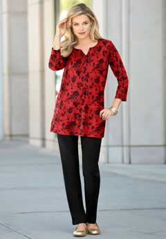Plus Size Three-Quarter Sleeve Notch Neck Soft Knit Tunic