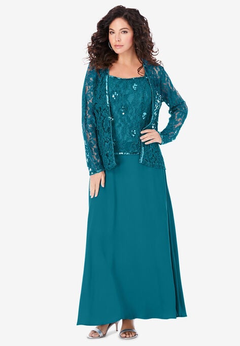 Beaded Lace Jacket Dress, DEEP TEAL, hi-res image number null
