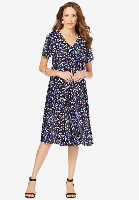 Ultrasmooth® Fabric V-Neck Swing Dress, MULTI PLAYFUL ABSTRACT, hi-res image number null