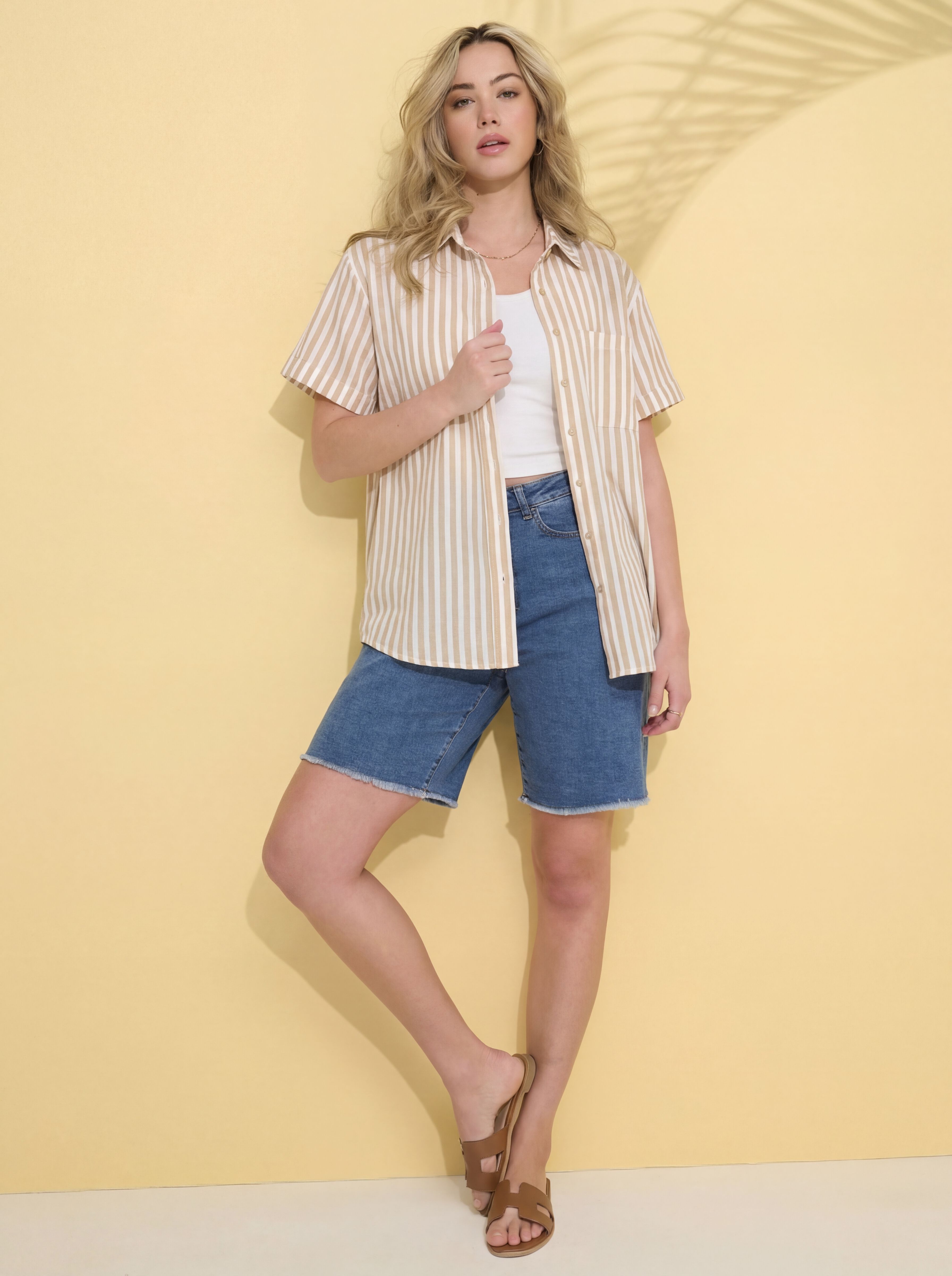 Plus Size Linen-Blend Short Sleeve Button-Front Shirt, SANDY BEIGE BOLD STRIPE, hi-res image number 0
