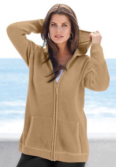 Plus Size Waffle Knit Zip-Front Relaxed Hoodie