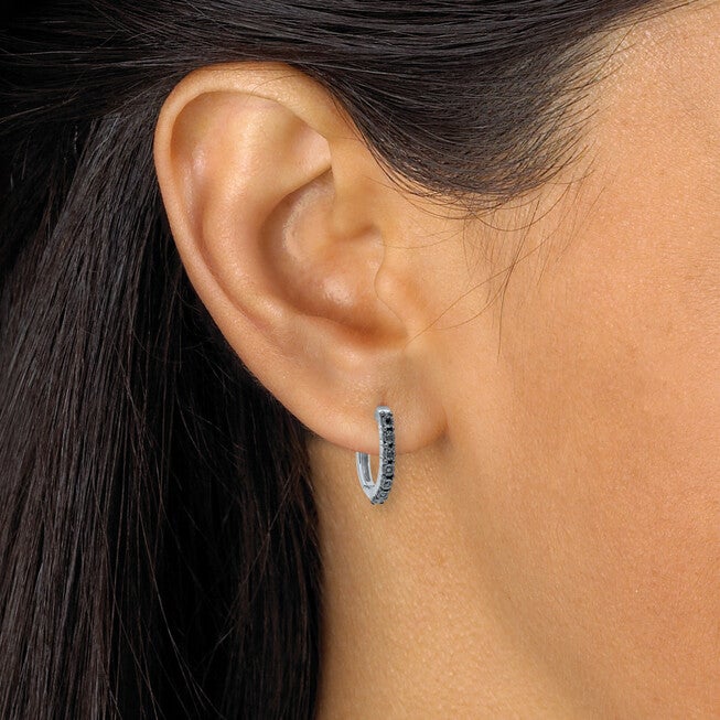 .05 TCW Black Diamond Sterling Silver Hoop Earrings (1/2 inch), BLACK, alternate image number 2