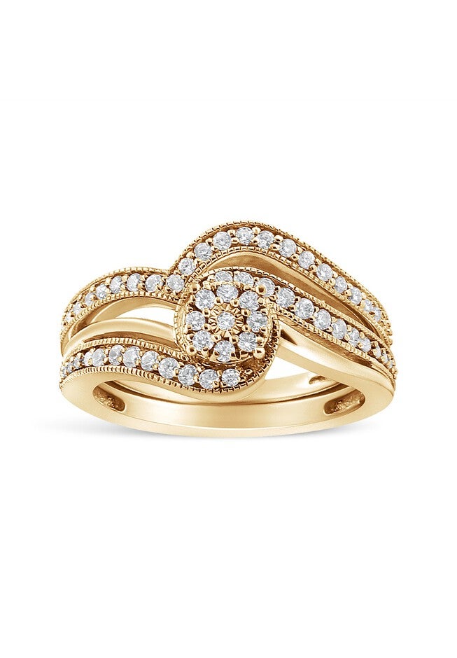 Yellow Gold Plated Silver 1/3Ct Cttw Multi-Diamond Bypass Vintage-Style Bridal Set, YELLOW GOLD, hi-res image number 0