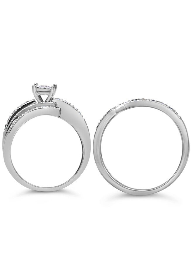 Silver 1/3 Cttw Round Diamond Crisscross Engagement Ring Bridal Set, , alternate image number 3