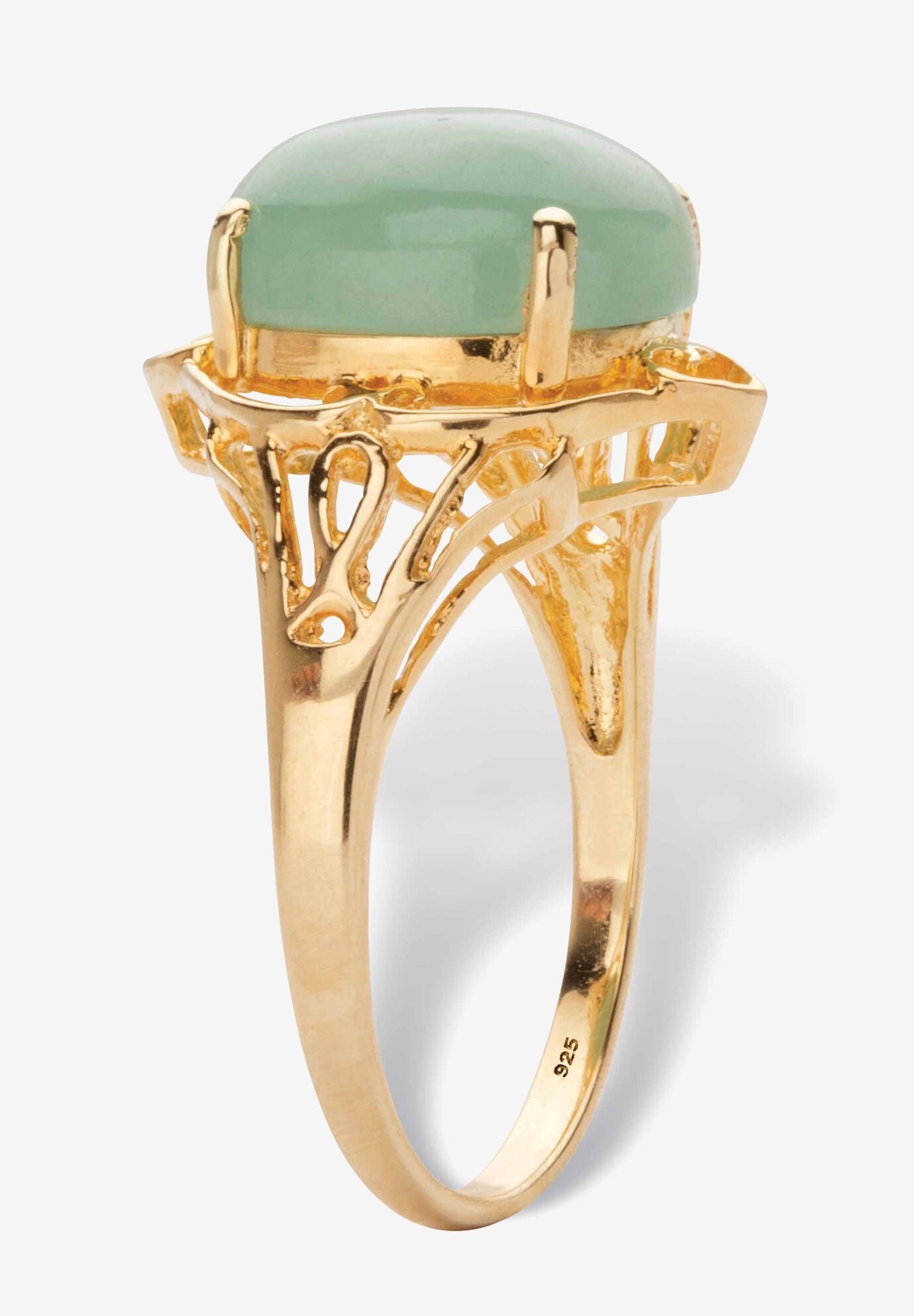 Oval Genuine Green Jade 14K Gold-Plated Sterling Silver Scrolled Cabochon Ring, , on-hover image number 1