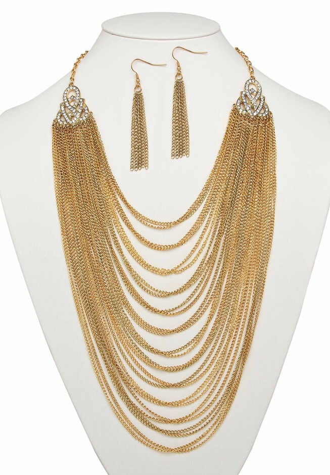 Gold Tone Waterfall 22 inches Necklace and Drop Earring Set, , alternate image number null