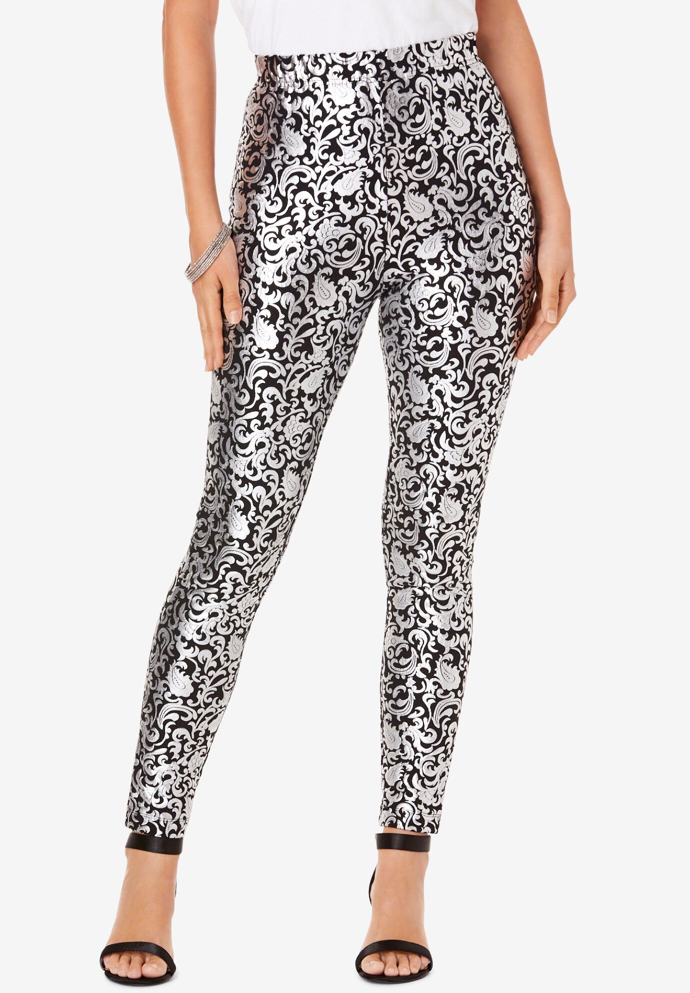 Foil-Print Legging, SILVER SWIRL PAISLEY, hi-res image number 0