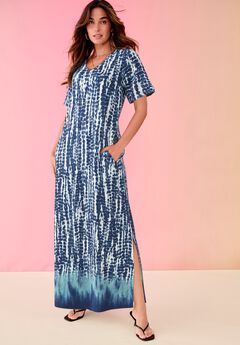Plus Size Stretch Knit Short Sleeve Maxi Dress with Side Slit Detail