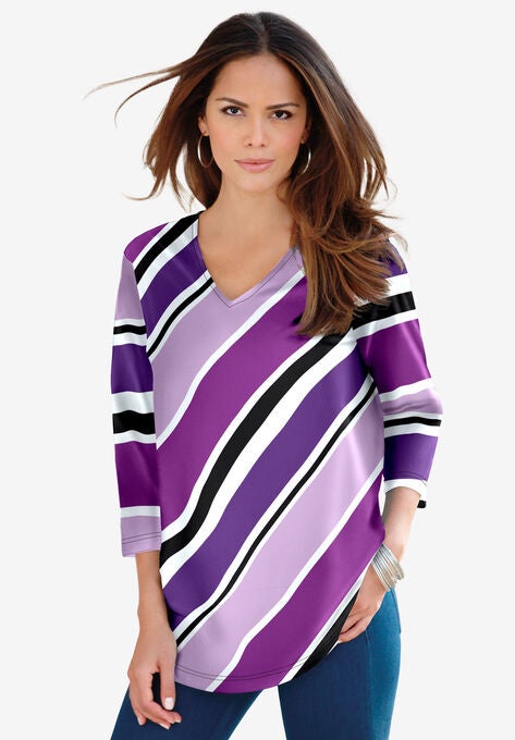 Diagonal Stripe V-Neck Tee, PURPLE MAGENTA MULTI, hi-res image number null