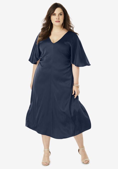 Ruched V Neck Dress With Dolman Sleeves Plus Size Dresses Roaman S