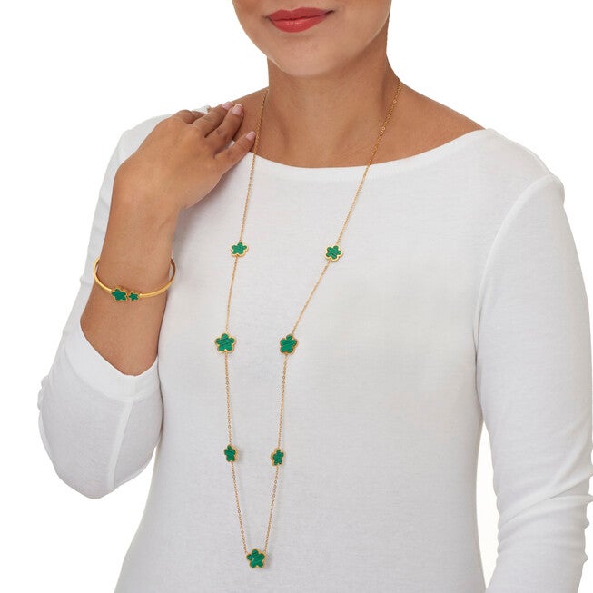 Genuine Green Malachite Gold Ion-Plated Stainless Steel Clover Jewelry Set, GREEN, alternate image number 2