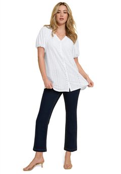 Plus Size Shirred Eyelet Button-Front Blouson Tunic
