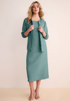 Plus Size Long Sleeve Pleated Jacket Dress Set – Elegant 2-Piece Sheath Suit