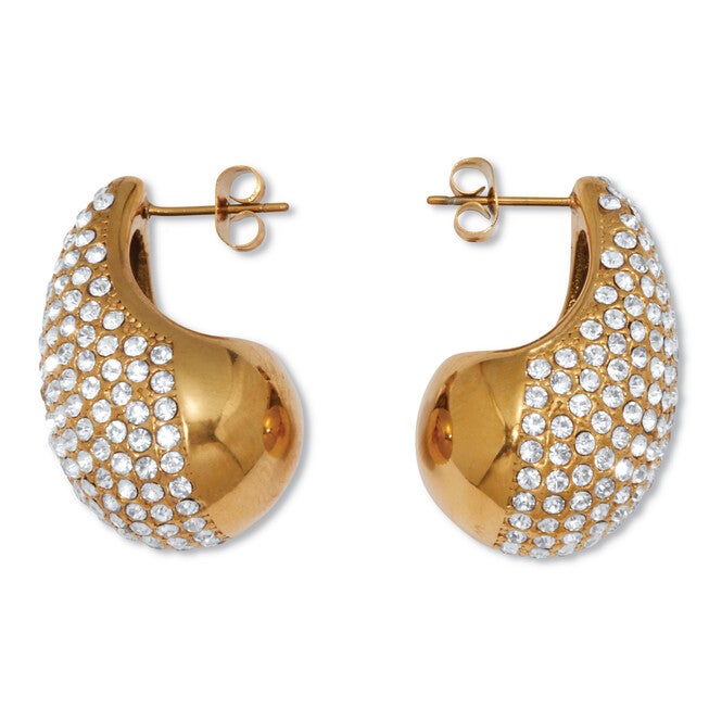 Round Crystal Yellow Gold Ion-Plated Stainless Steel Drop Earrings, WHITE, on-hover image number 1