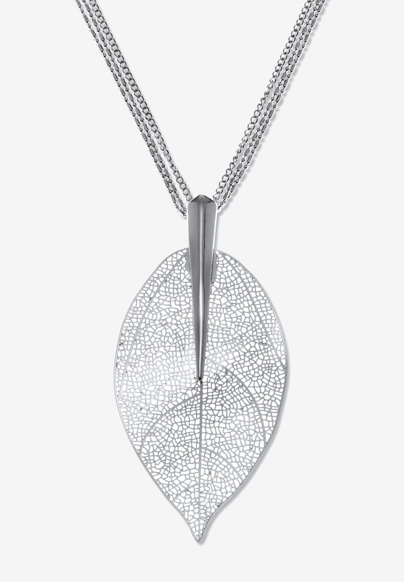 Silvertone Leaf Drop Necklace, 26 Inch Chain, Plus 2 Inch Extension, SILVER, hi-res image number 0
