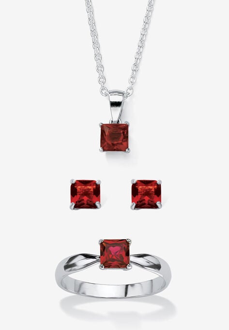 Sterling Silver Simulated Birthstone Ring Earring and Necklace Set 18", JANUARY, hi-res image number null
