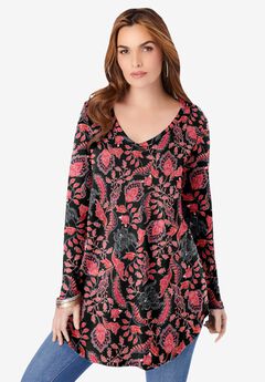 Plus Size Knit Thermal V Neck Swing Tunic – Long Sleeve