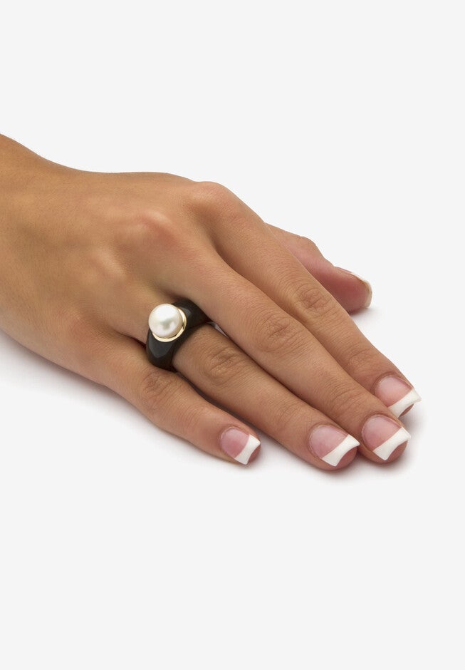 10K Black Pearl Ring Round Cultured Pearl Black Jade Yellow Gold Ring, , alternate image number 2