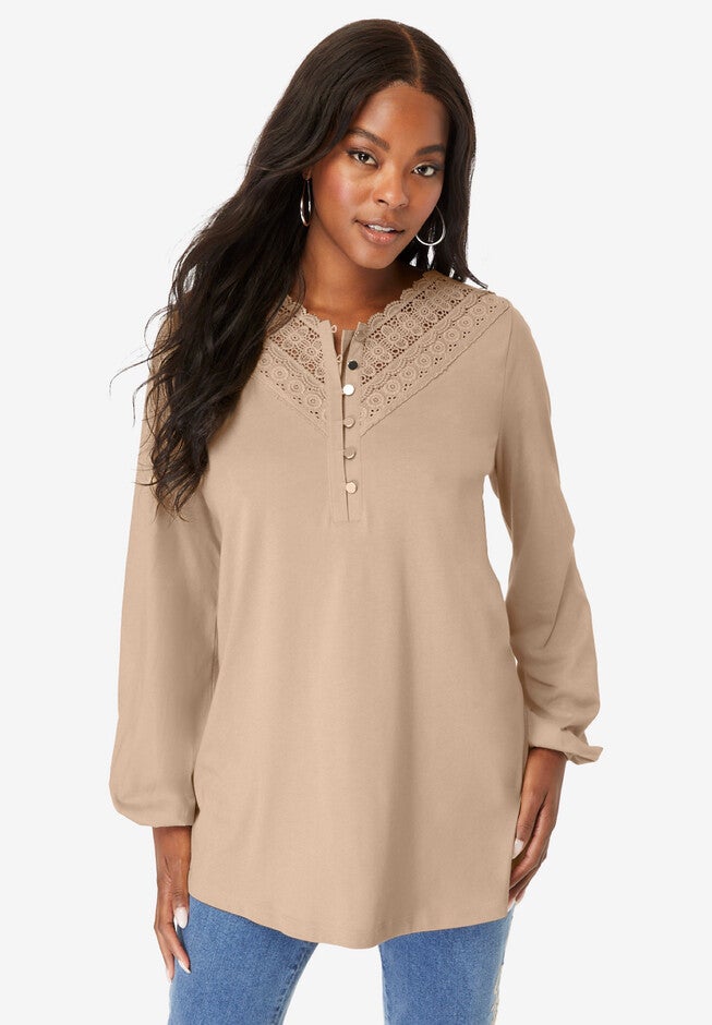 Lace Henley Top, NEW KHAKI, hi-res image number 0