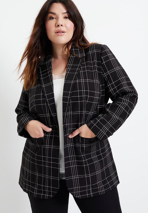 Classic Boyfriend Blazer, BLACK LINE PLAID, hi-res image number null