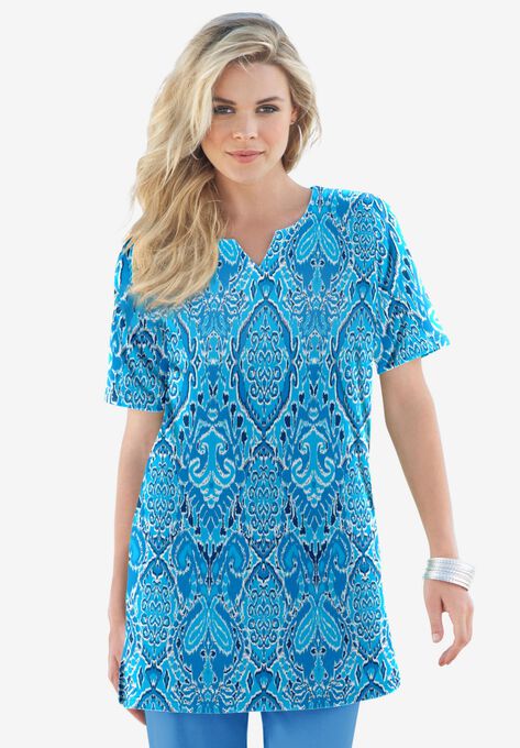 Print Notch-Neck Soft Knit Tunic, OCEAN BOLD IKAT, hi-res image number null