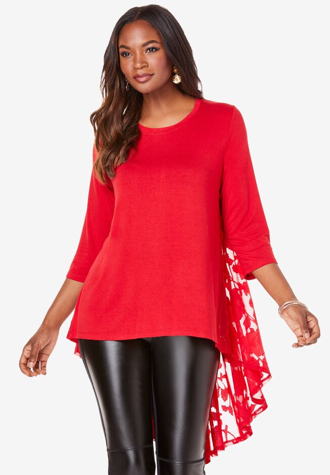 Three-Quarter Georgette-Back Tunic, VIVID RED, hi-res image number 0