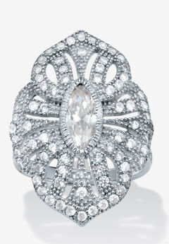 1.52 Tcw Marquise Cut Cubic Zirconia Silvertone Art Deco Ring