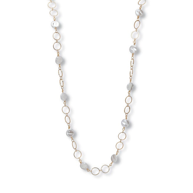 Round Genuine Mother of Pearl Hammered Goldtone Endless Necklace, 40 inches, WHITE, hi-res image number 0