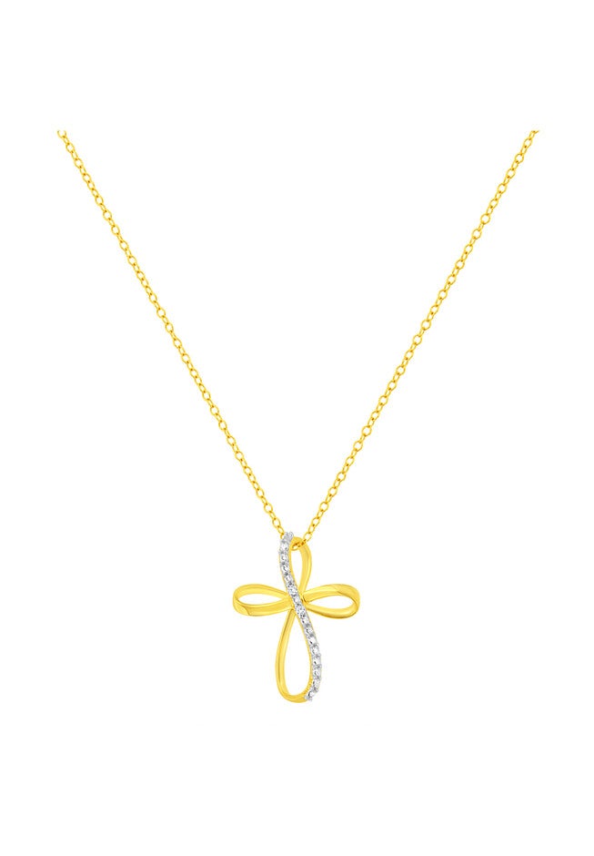 Yellow Gold Plated Sterling Silver Diamond Accent Cross Ribbon Pendant Necklace, , on-hover image number null