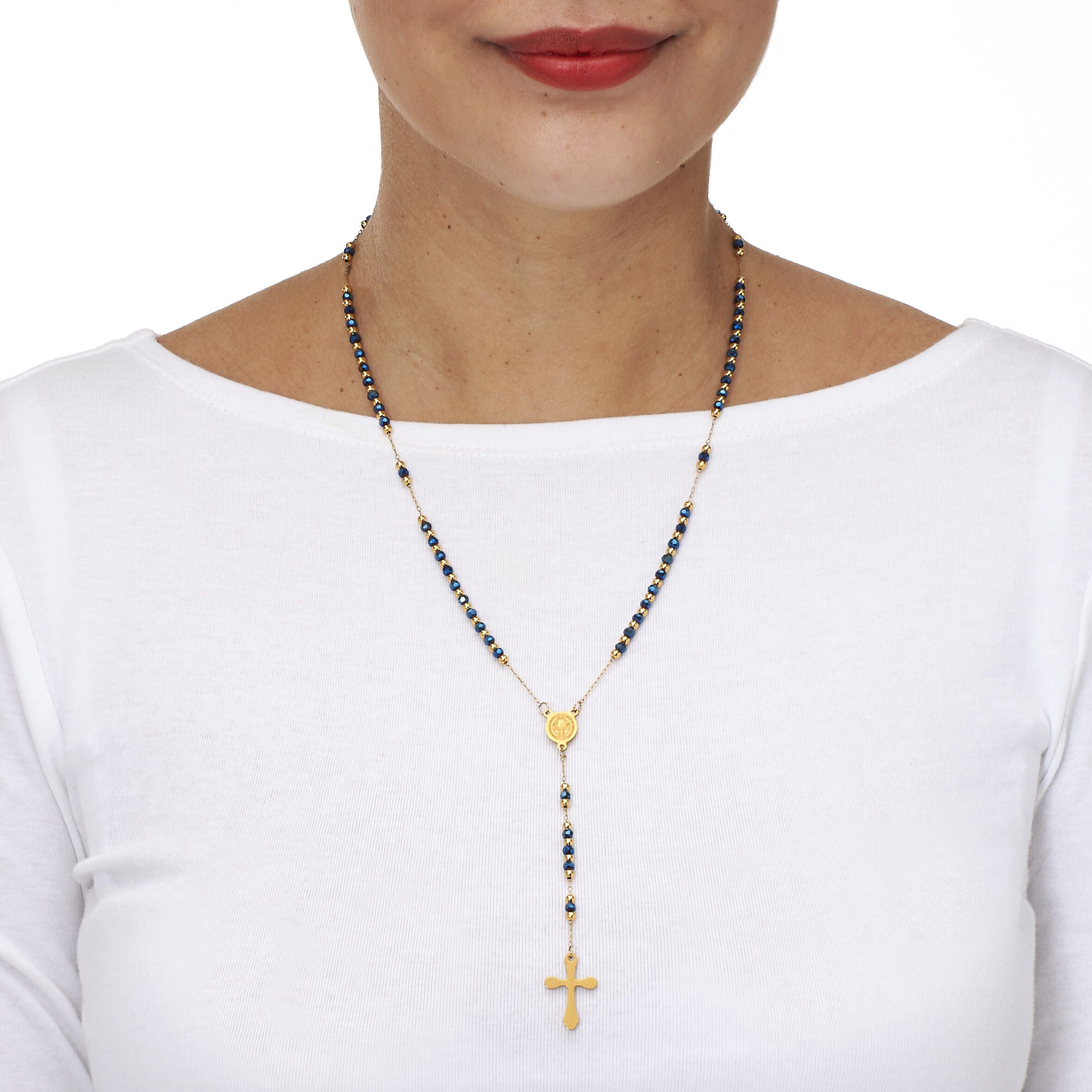 Yellow Gold Ion-Plated Stainless Steel Crystal Beaded Rosary Necklace 21-inch, BLUE, alternate image number 2