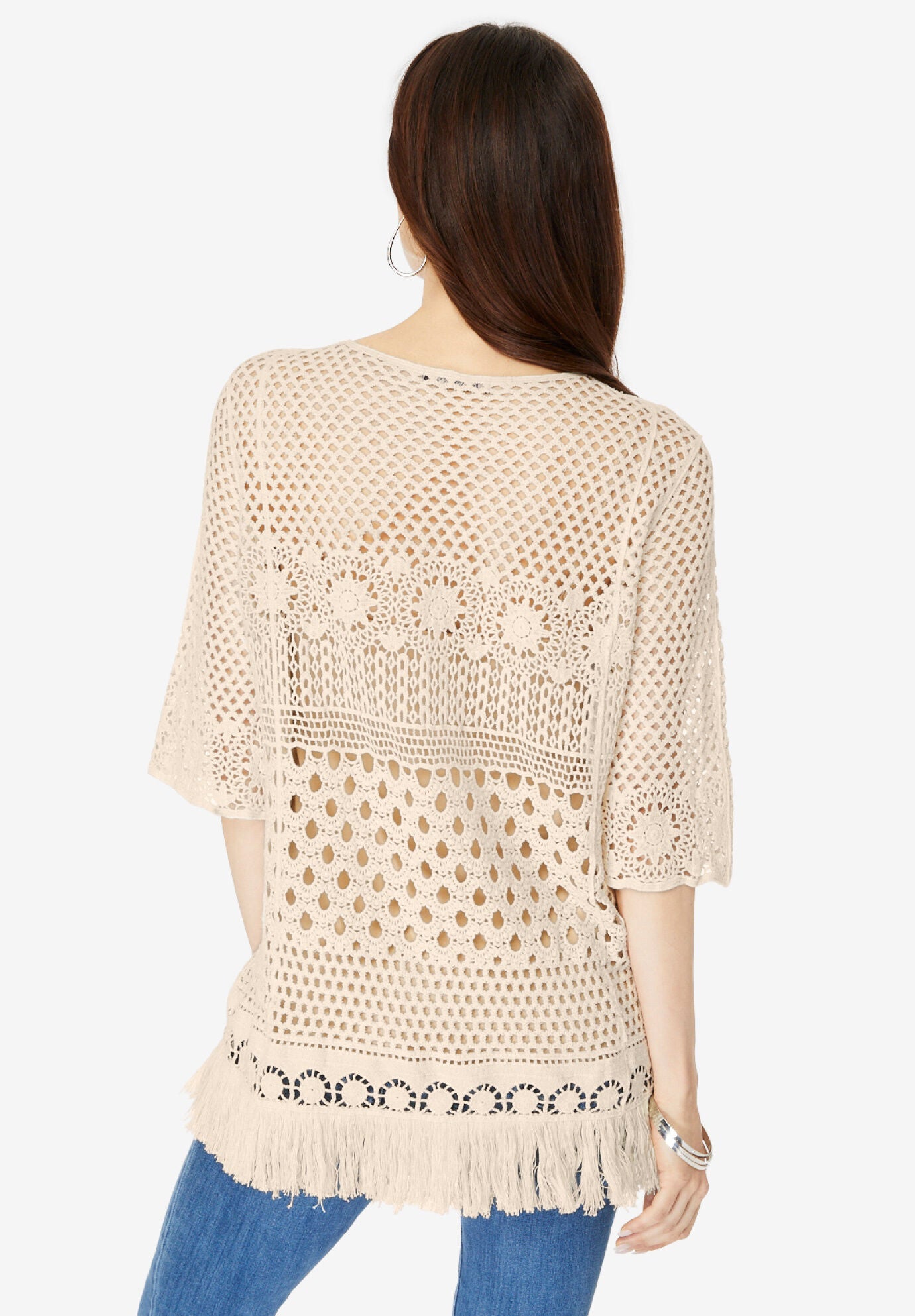Fringed Crochet Sweater, DARK OLIVE GREEN, on-hover image number 1