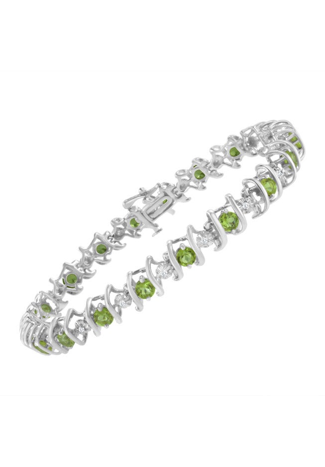 Sterling Silver Gemstone & Round Diamond Tennis Bracelet Green Peridot August Birthstone, , alternate image number 2