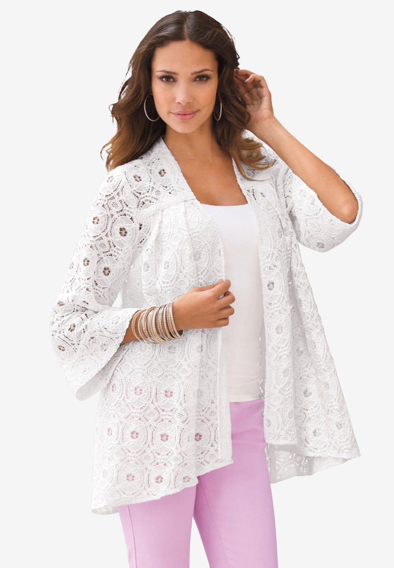 Plus Size Lace Three Quarter Sleeve Swing Jacket, WHITE, hi-res image number 0