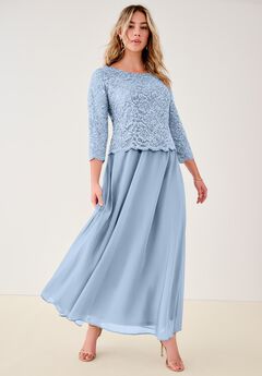 Plus Size Sparkle Lace Popover A-Line Gown with 3/4 Sleeves