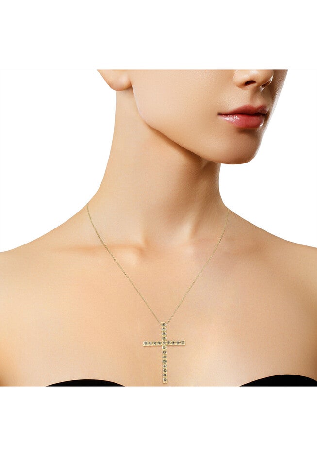 Yellow Gold Plated Sterling Silver Pendant Champagne Diamond Gold Cross Necklace, , alternate image number 3