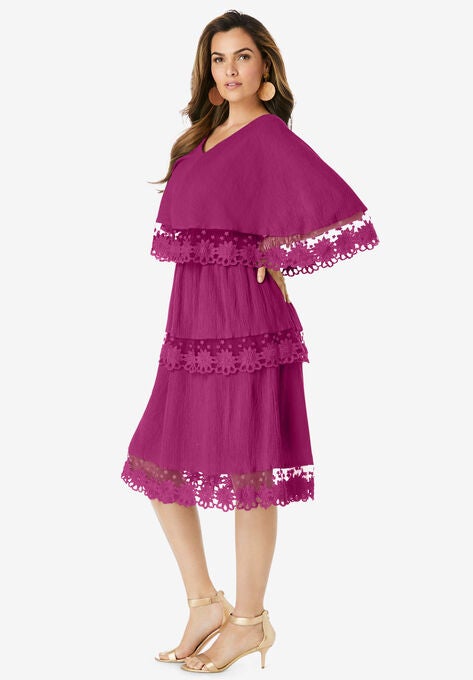 Tiered-Lace Crinkle-Knit Gauze Dress, , alternate image number null