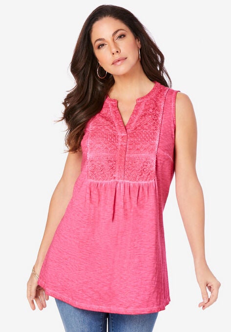 Sleeveless Lace-Trim Slub Tank, VINTAGE ROSE, hi-res image number null